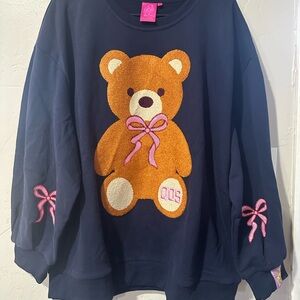QUEEN OF SPARKLES Custom Navy Sweatshirt with Teddy Bear and Pink Bows NWT